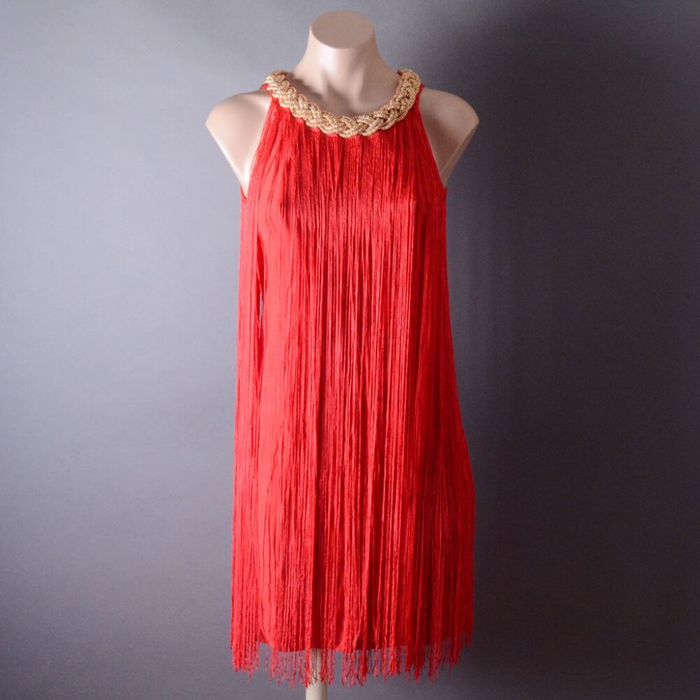 Red Gold Chain Neck Fitted Tassel Fringe 20s Flapper Party Cocktail Dress S M L
